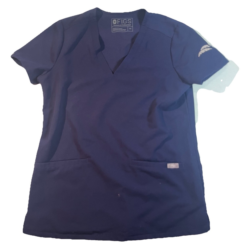 Figs technical collection scrub top w/front pocket dark blue embroidered size XS